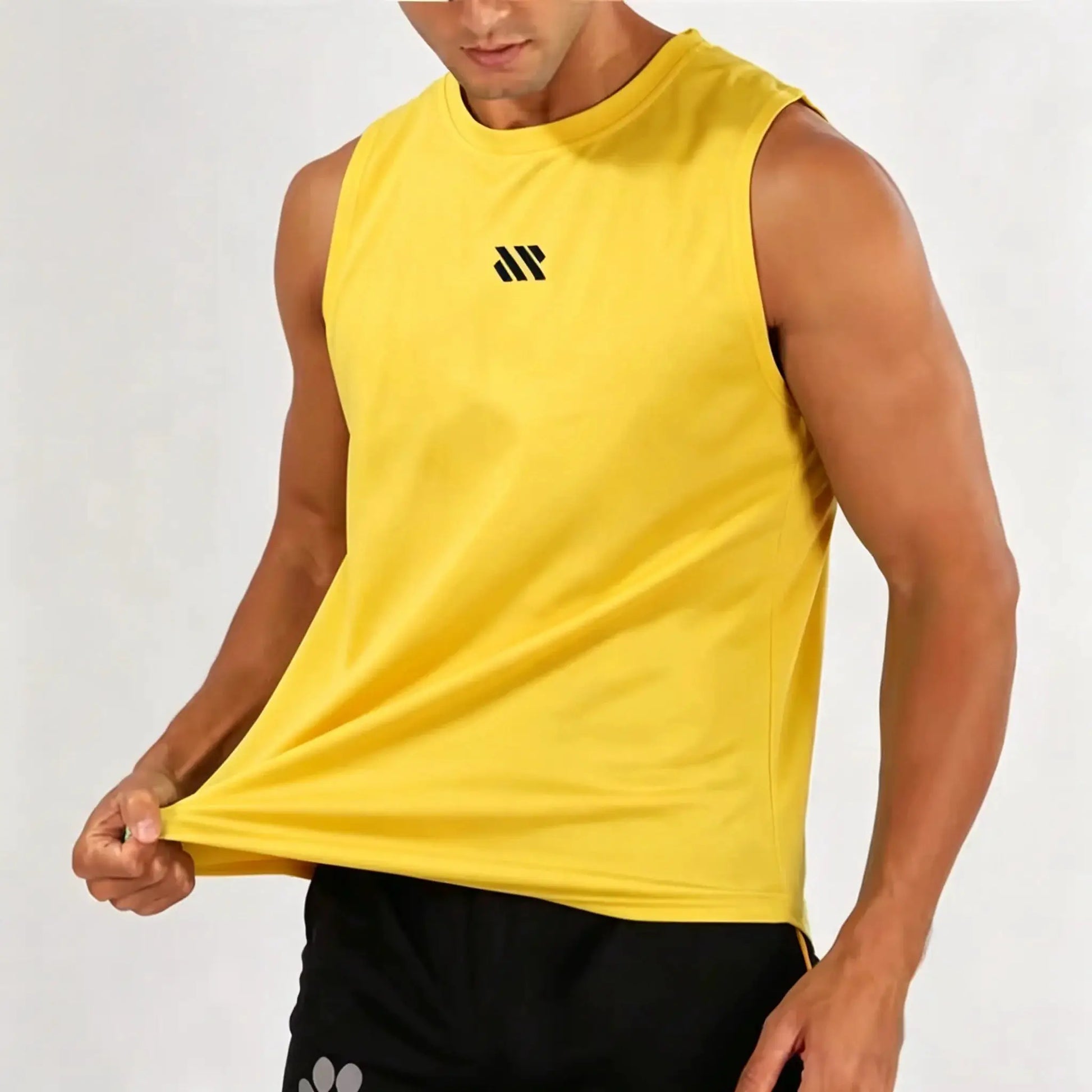 Men's yellow Simples Market bodybuilding vest; sleeveless gym tank with small black logo.