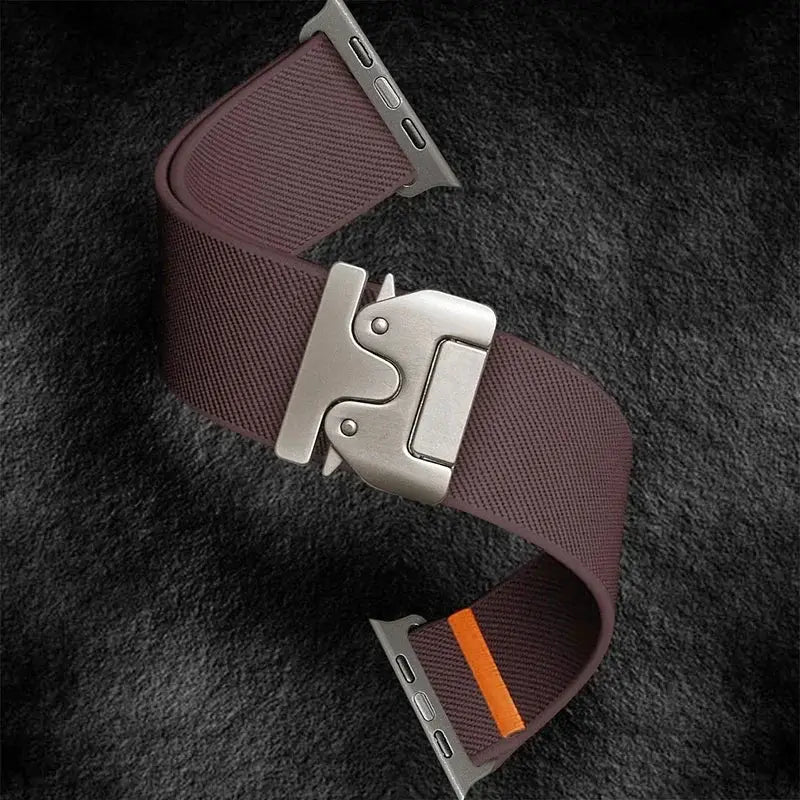 Apple Watch Ultra 2 braided elastic nylon strap, burgundy with orange inner stripe and silver clasp