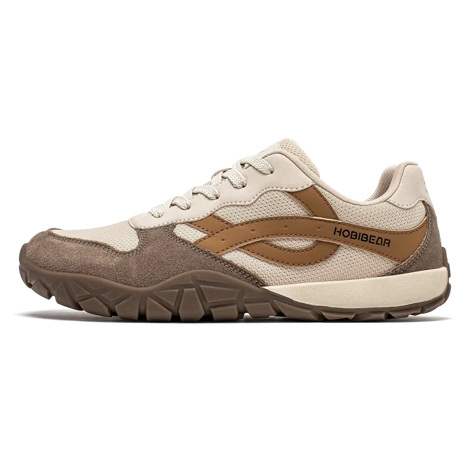HOBIBEAR unisex wide-width barefoot hiking sneakers in beige with brown overlays and rugged outsole