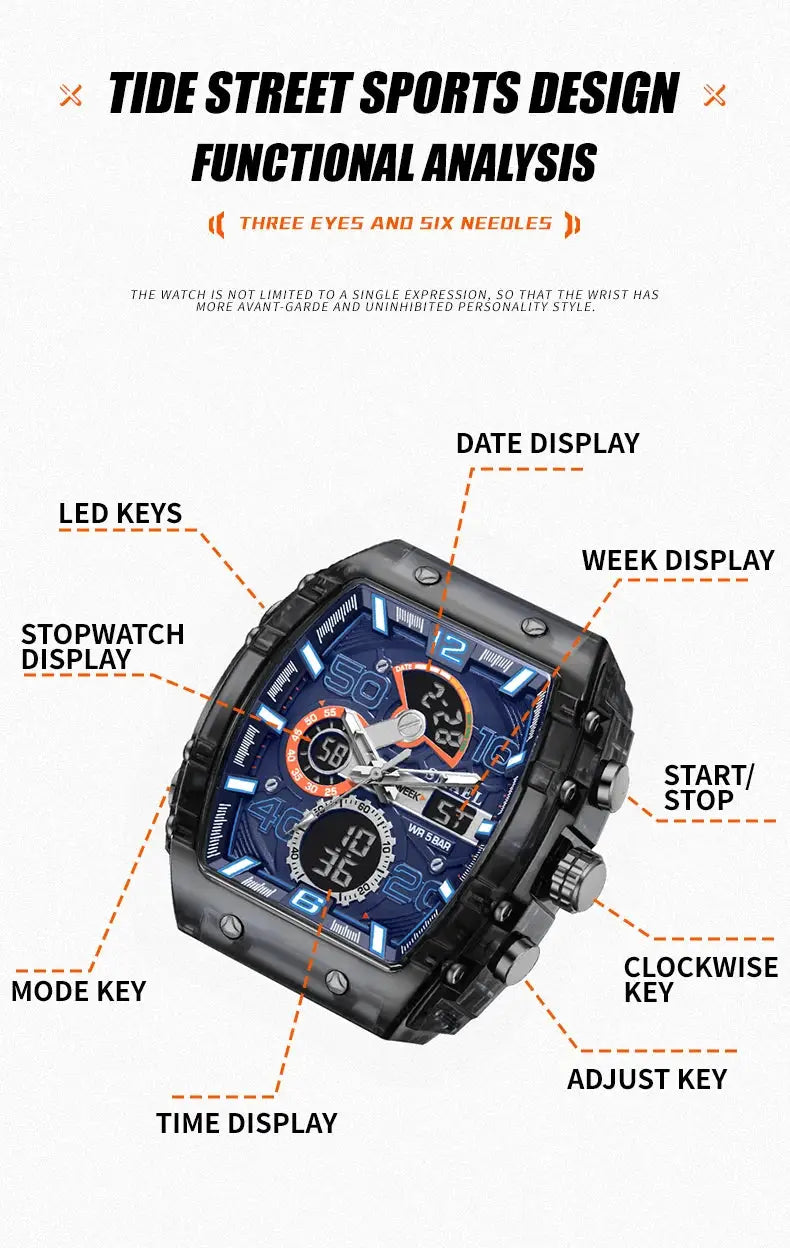 Simples Market SMAEL 8109 men's square dual-display sport watch with blue dial and silicone strap