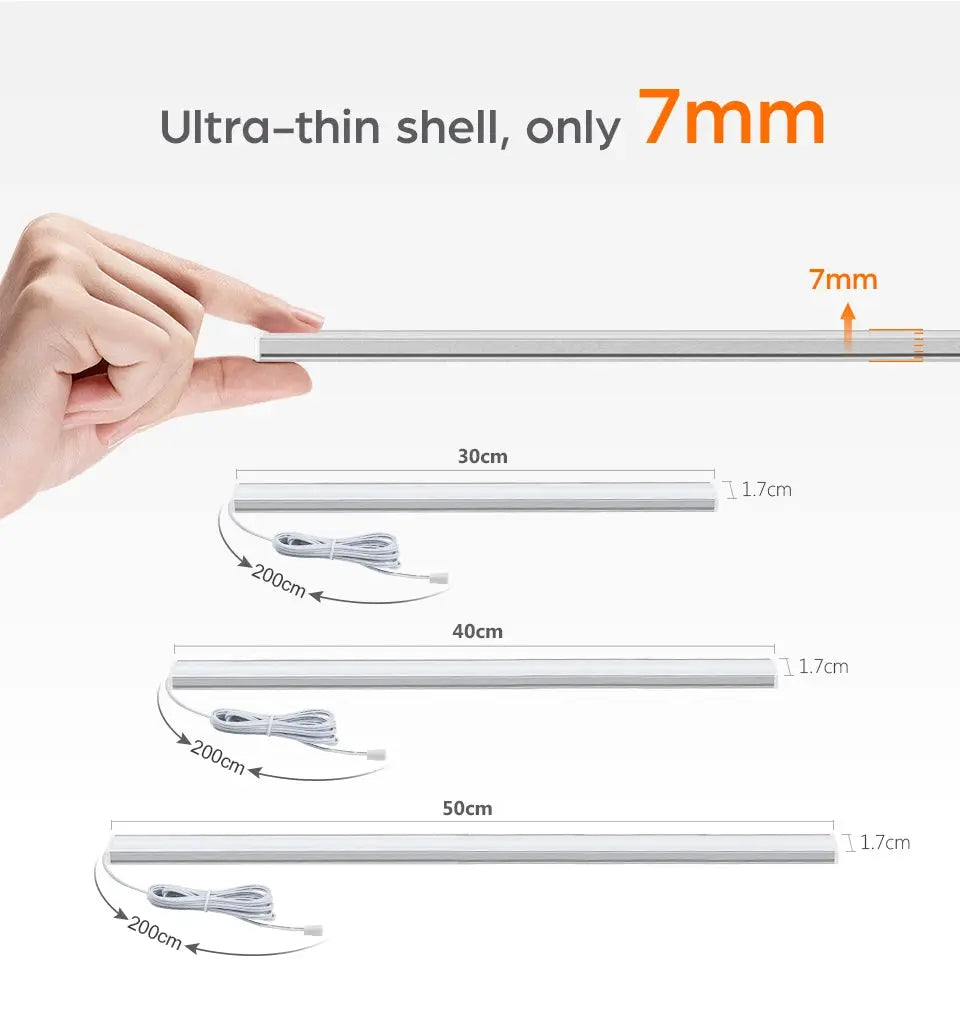 Simples Market LED under-cabinet light bar, ultra-thin 7mm, wood, motion sensor, touch switch, dimmable, 30/40/50cm