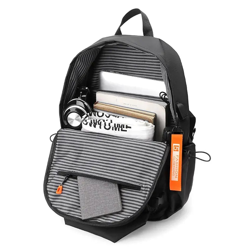 Luxury men's backpack with gray striped interior, 15.6in laptop compartment, high-capacity waterproof travel bag