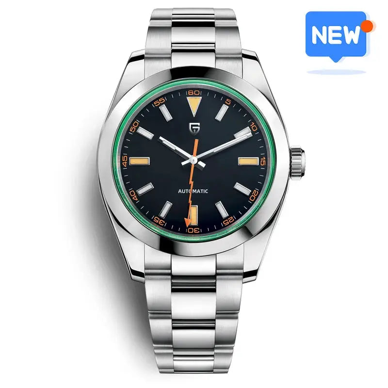 Pagani Design stainless steel men's automatic watch with black dial and green bezel, AR sapphire crystal