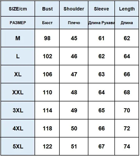 Men's lightweight windbreaker size chart: bust, shoulder, sleeve and length for M–5XL