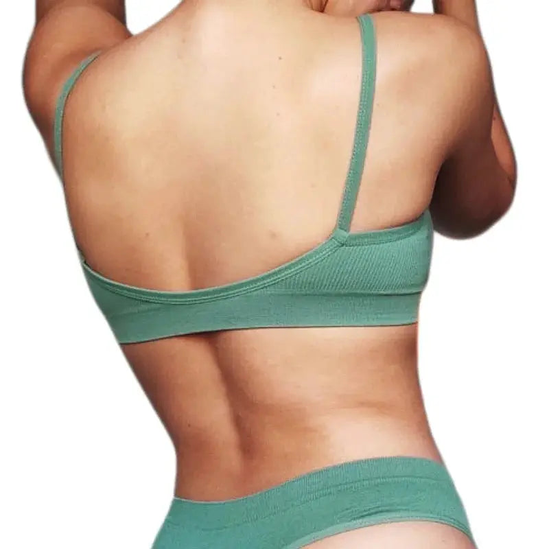 Seamless ribbed green U-back bralette and matching underwear set, wireless no-pads, daily wear (2-piece)
