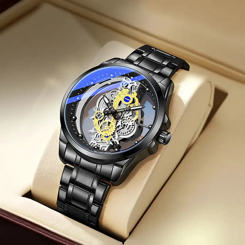 Men's skeleton automatic wristwatch with black stainless steel band, blue-accented dial and visible gold gears