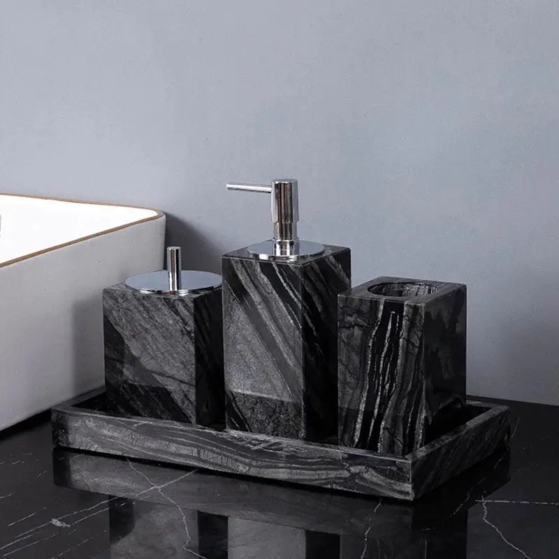 Simples Market black marble bathroom set with soap dispenser, toothbrush holder, jar, and tray, 4-piece.
