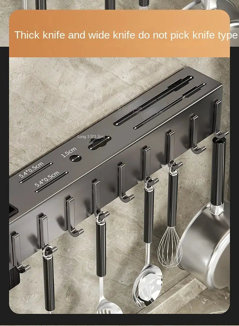 Tool-free kitchen shelf wall-mounted knife and utensil rack with multiple hooks in black metal