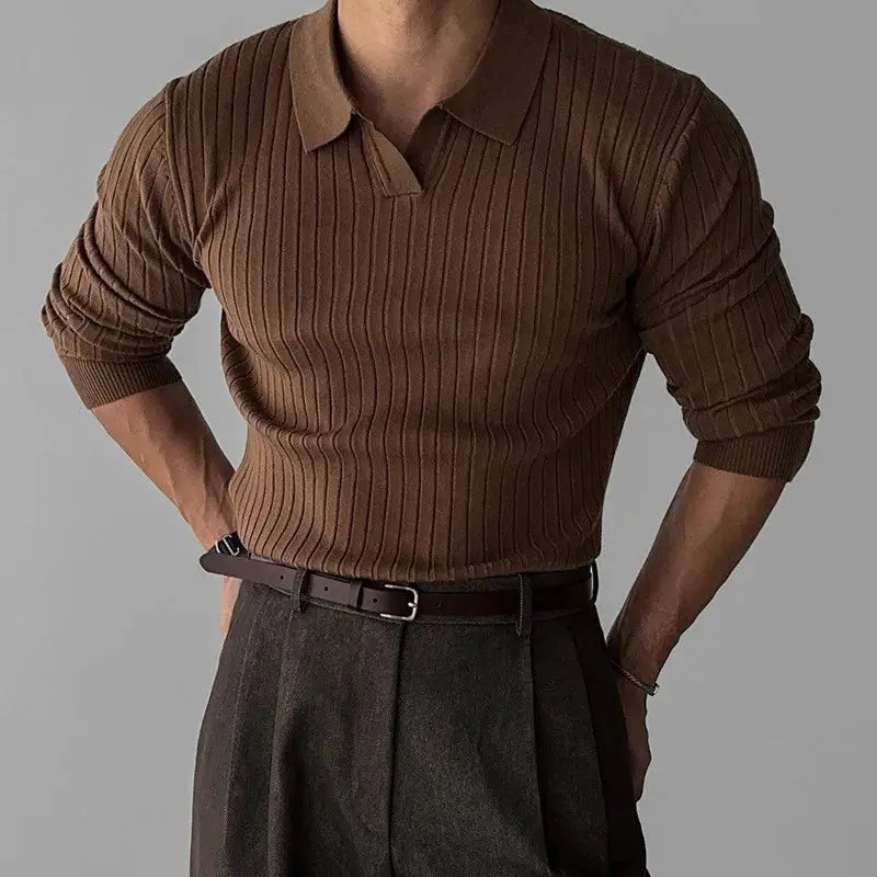 Men's brown ribbed V-neck knitted polo shirt, Simples Market, long sleeves.