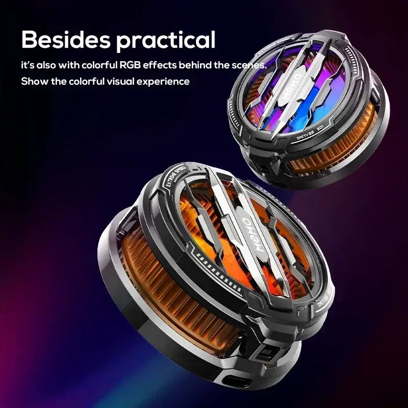 Memo magnetic back-clip 2-in-1 phone cooler fans with RGB lighting; two circular orange-accent cooling units
