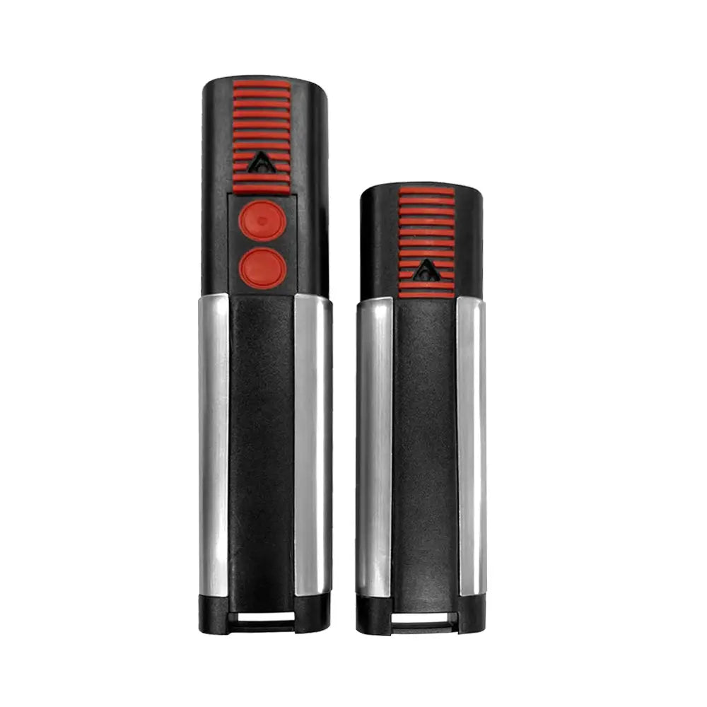 Garage door remote controller pair, Simples Market Sommer 4020 TX03-868-4, black with red buttons and silver rails.