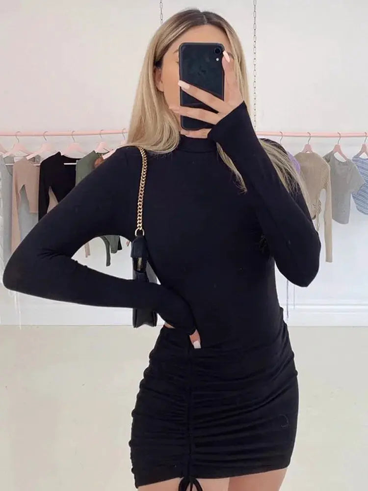 Long Sleeve Ruched Bodycon Dress For Women Turtleneck Black Bandage