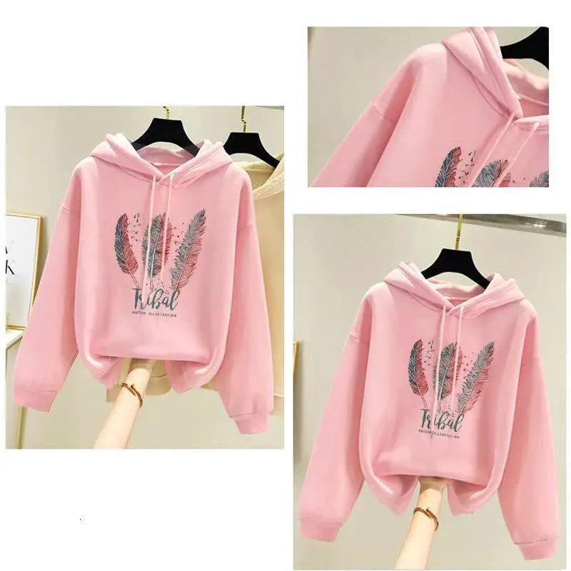 CozyNest Feather Print Hoodie With Velvet Lined Comfort For Women In Autumn And Winter Loose Fit