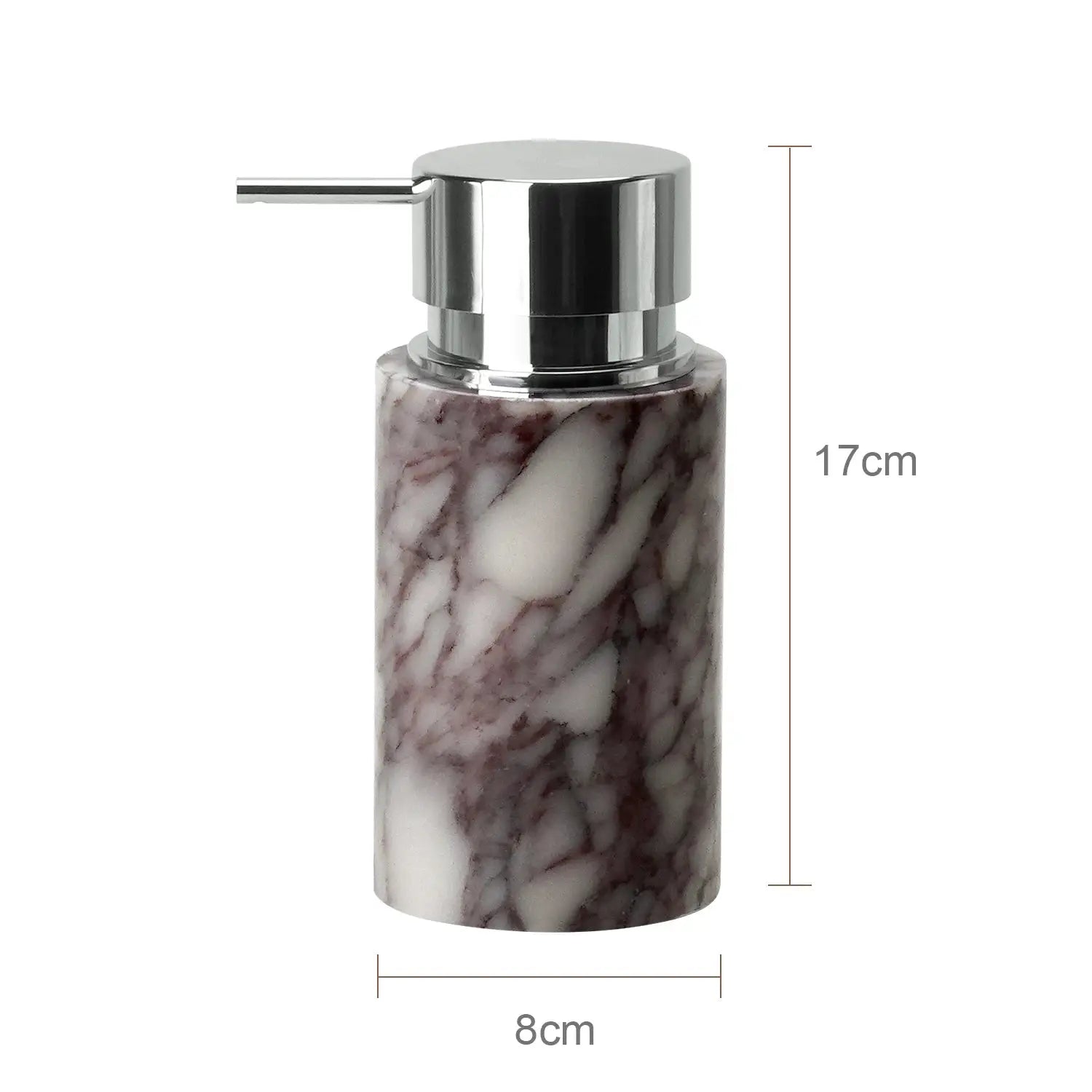 Simples Market Calacatta Viola marble soap dispenser with chrome pump, violet veining, 17 cm tall