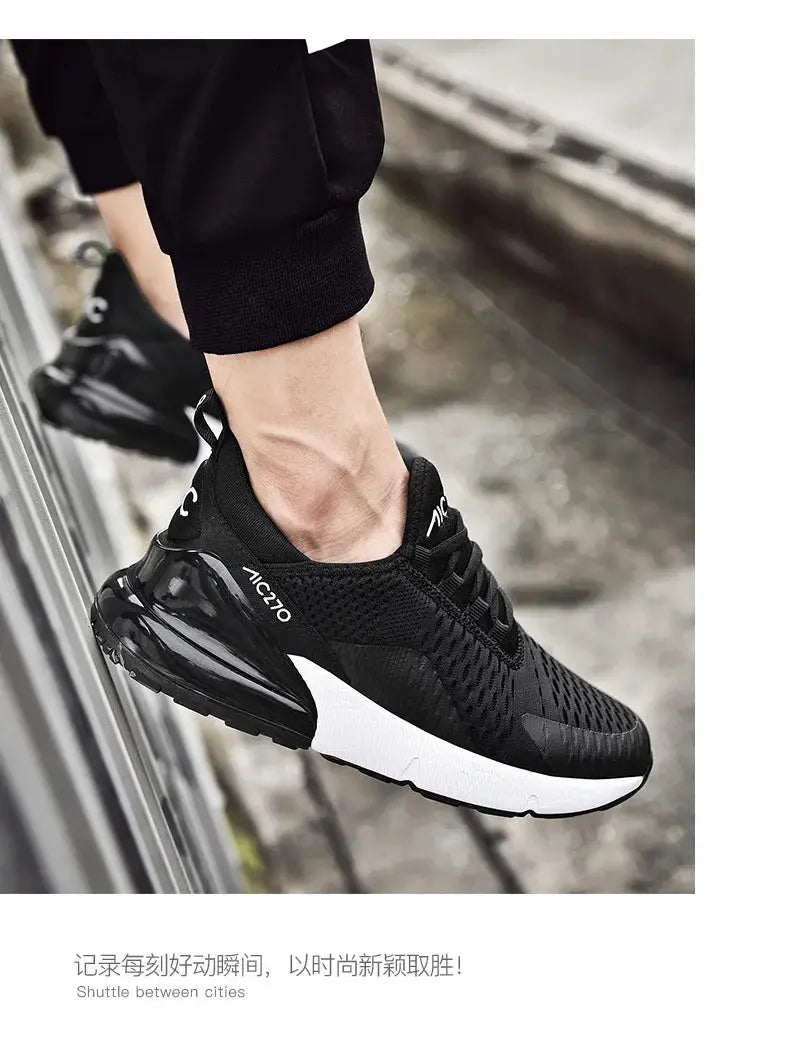 Men's black mesh outdoor sneakers with white sole, breathable casual running shoes