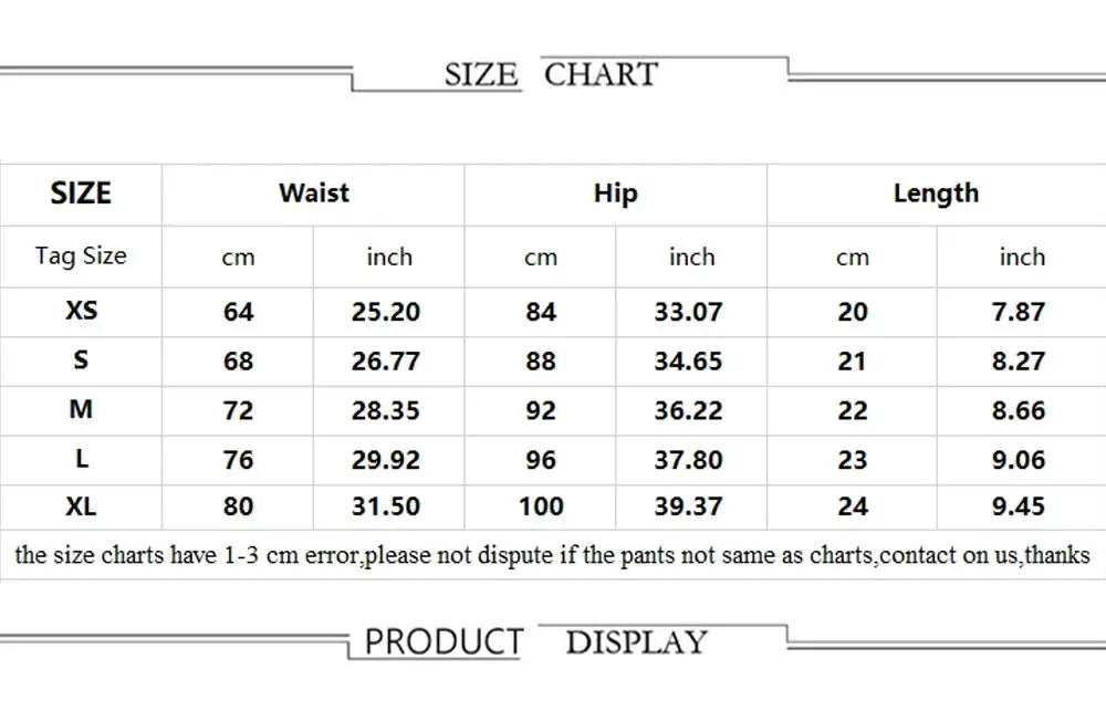 Simples Market denim shorts size chart showing waist, hip and length across sizes XS–XL.