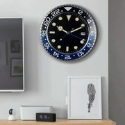 34cm luxury metal wall clock with black dial, luminescent markers and blue 24-hour bezel for modern home decor