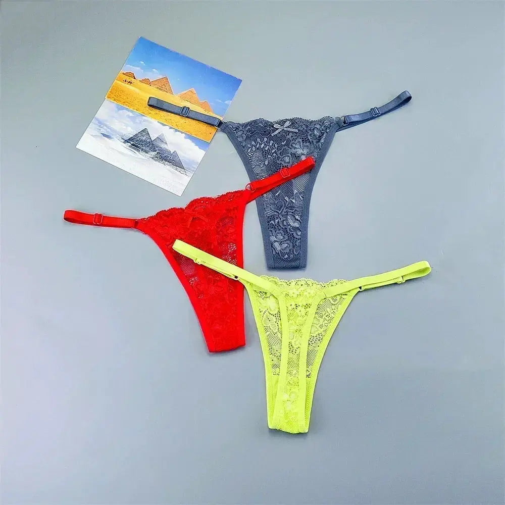 3PCS adjustable lace thong underwear set by Simples Market in blue, red, and neon yellow.