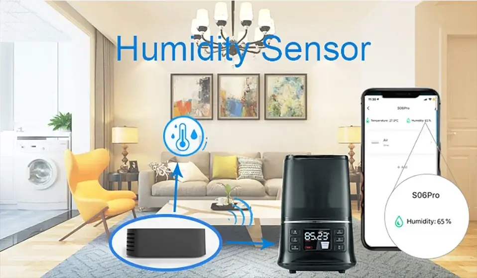 Tuya WiFi IR remote control smart home hub with humidity sensor, Simples Market, black compact device beside a smartphone