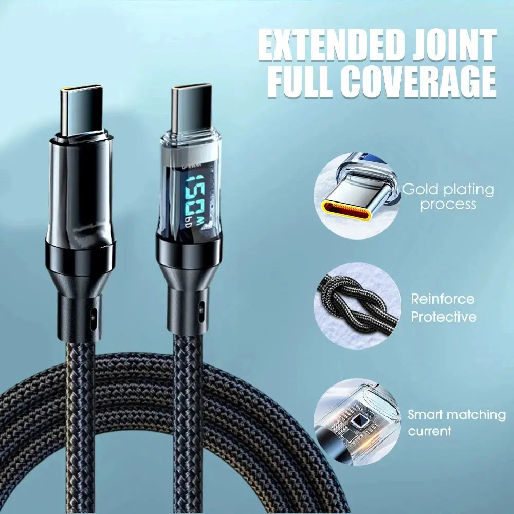 NNBILI braided charging cable set: USB-C to USB-C and USB-A to USB-C with LED display, 100W/120W, gold-plated tips.