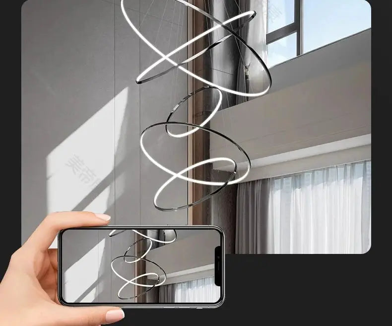 Modern spiral LED pendant light with black metal rings, living room chandelier
