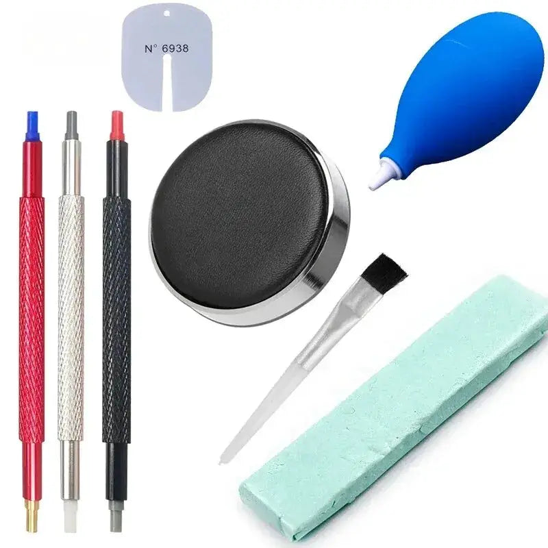 8pcs watch cleaning tool set including precision screwdrivers, blue air blower, cleaning pad, brush and sponge