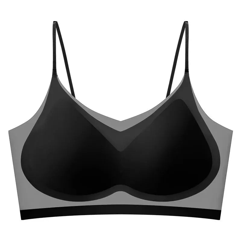 Simples Market ultra-thin breathable ice-silk top bra, black seamless bustier with gray side panels and halter straps