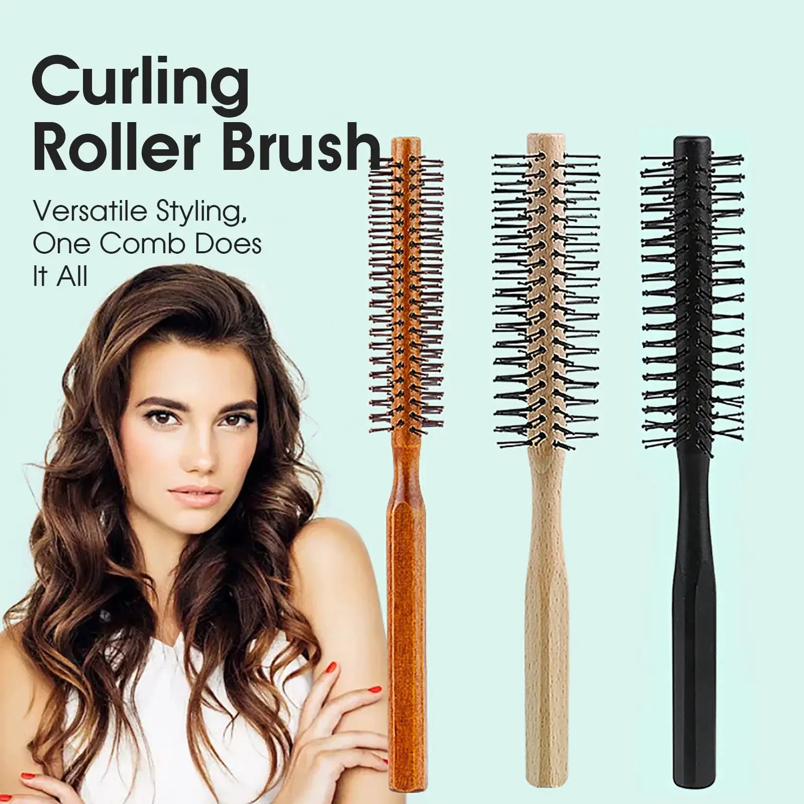 Simples Market wooden-handle curling roller brush with nylon teeth; three colorways: brown, natural wood, black