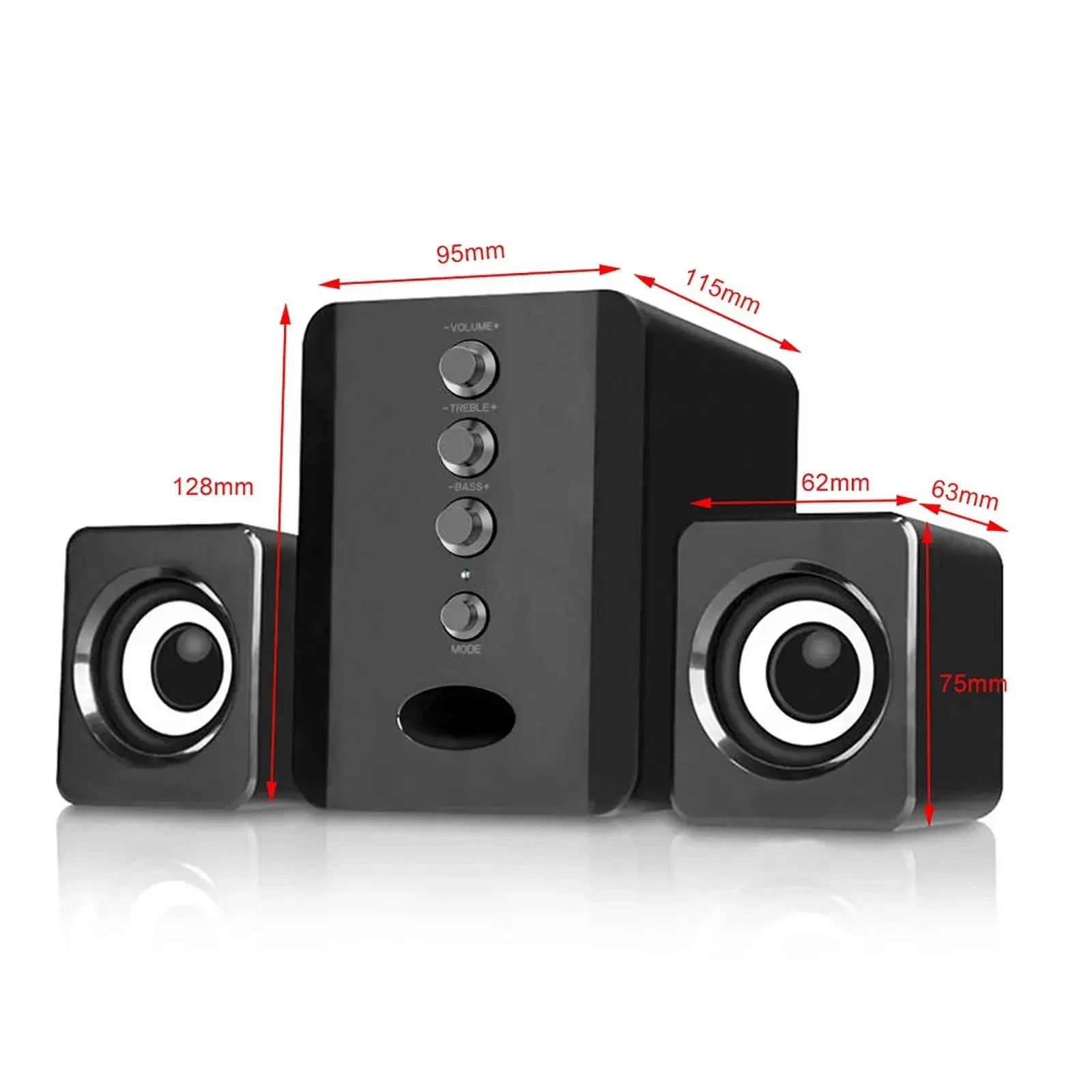XIKCU universal full-range 3D PC speaker system with black central unit and two satellite speakers