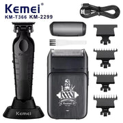 Kemei 2-in-1 professional hair clipper and trimmer set with charging base, USB cable, and 1–3mm guards