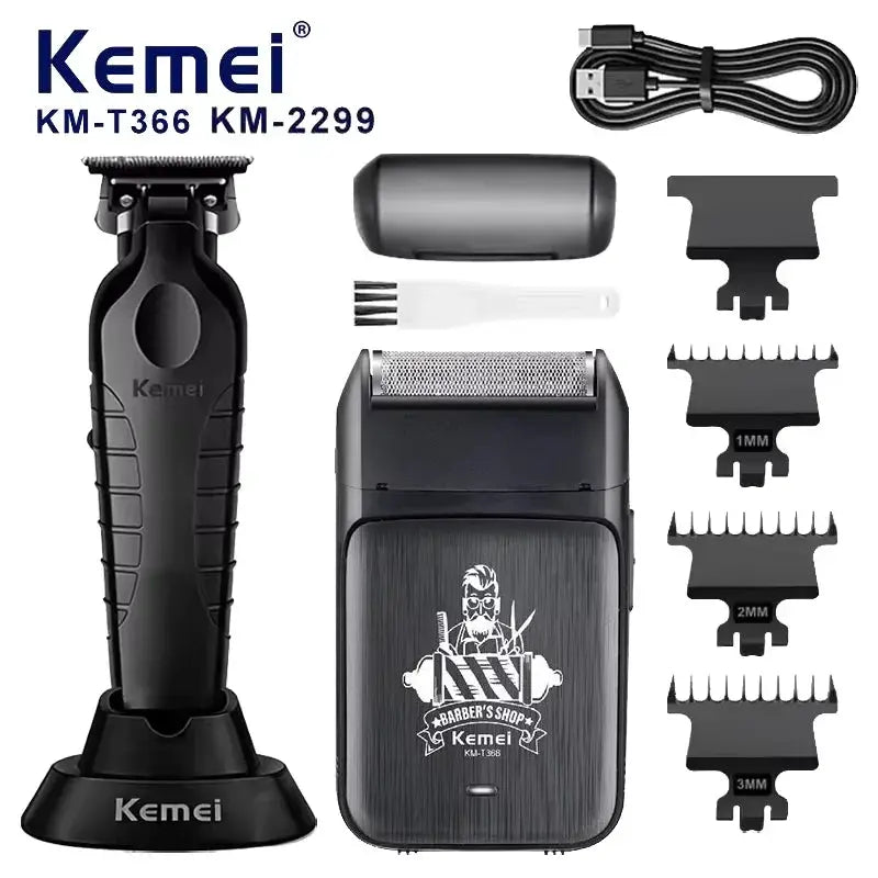Kemei 2-in-1 professional hair clipper and trimmer set with charging base, USB cable, and 1–3mm guards
