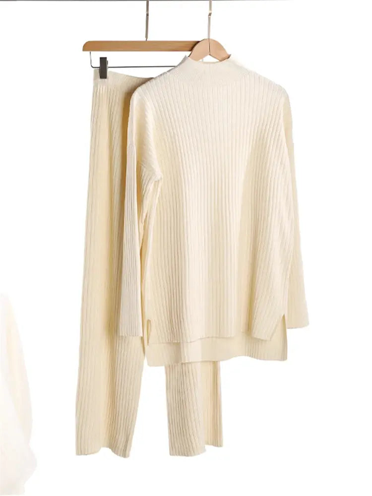 CozyNest Autumn Winter Two Piece Knitted Tracksuit Set With Turtleneck Sweater And Wide Leg Joggers For Women