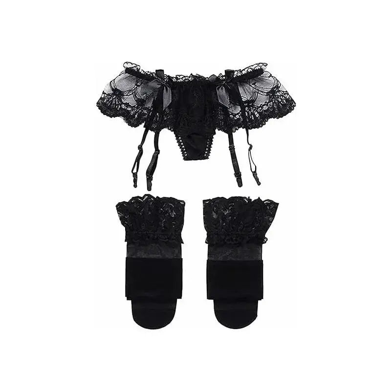 LaceLuxe Women Lace Garter Belt And Stockings Set With Jacquard Suspenders And Satin Bow Mesh Hosiery