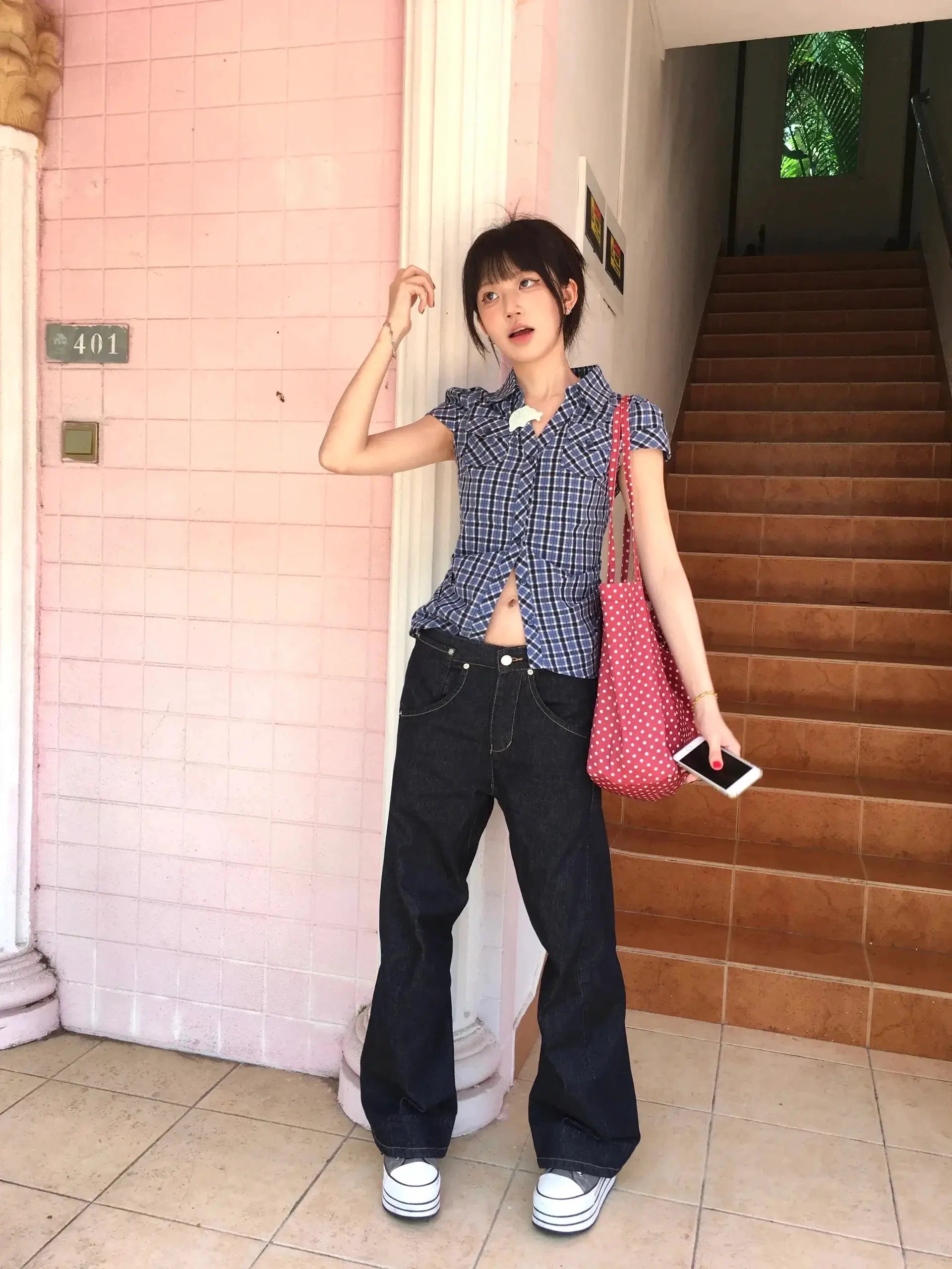 Karrram Japanese Y2K plaid shirt blue check short-sleeve top