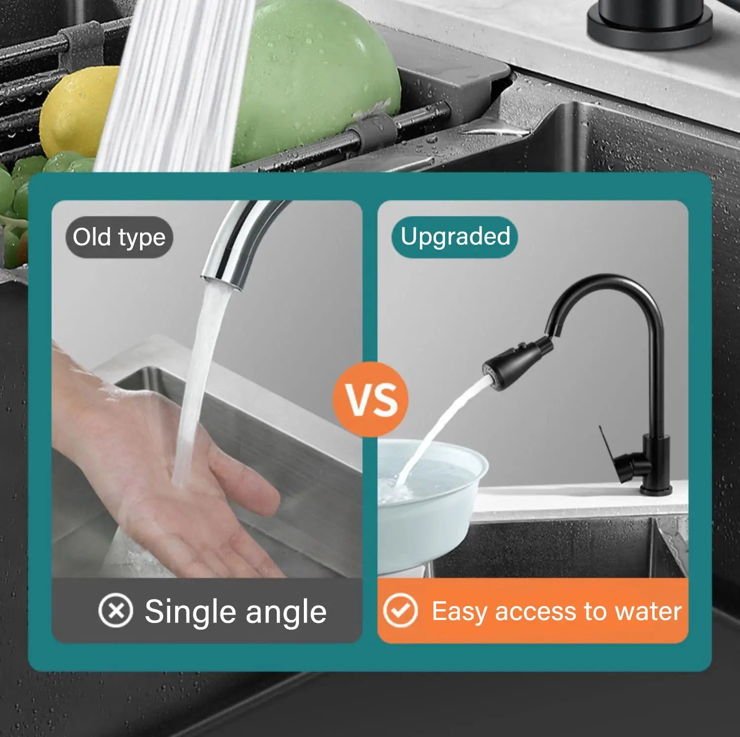 Simples Market 3-in-1 kitchen faucet extender; old type vs upgraded pull-out spray with 360° rotation