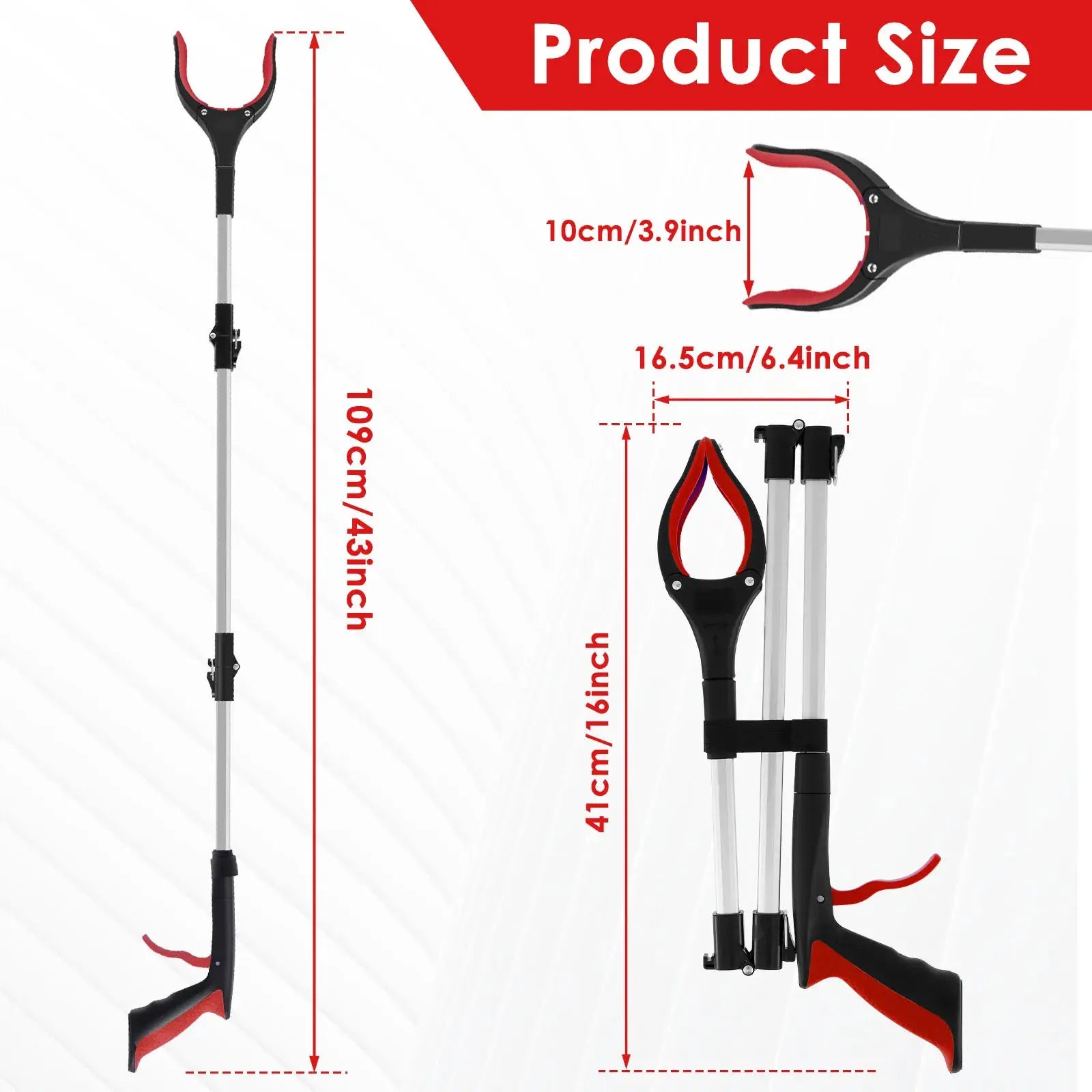 Simples Market foldable gripper extender litter picker with non-slip red/black jaws and aluminum shaft