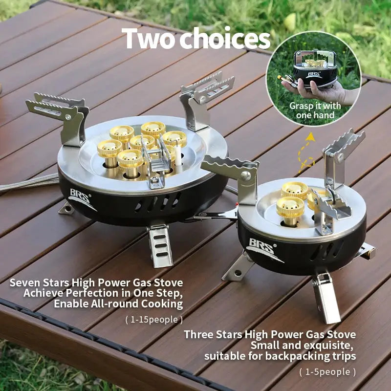 BRS-207/BRS-203 outdoor gas stove set from Simples Market; two portable stoves with gold burner heads on a wood table