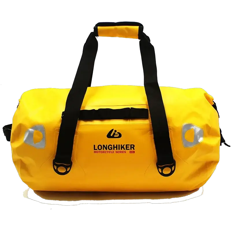 Waterproof duffle bag 40L by Longhiker, yellow with black straps for motorcycle tail bag