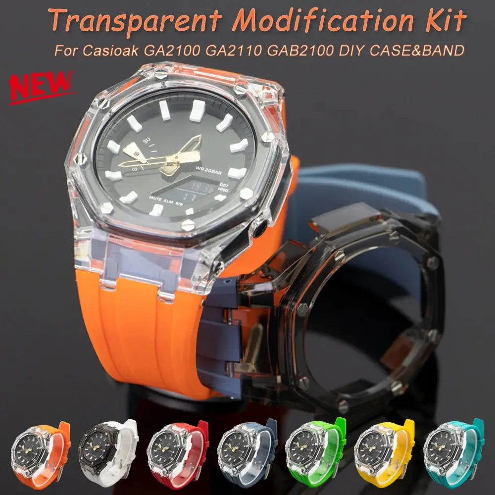 Transparent Mod Kit for Casioak GA2100/GA2110; clear PC case with rubber strap, 8 color options shown.