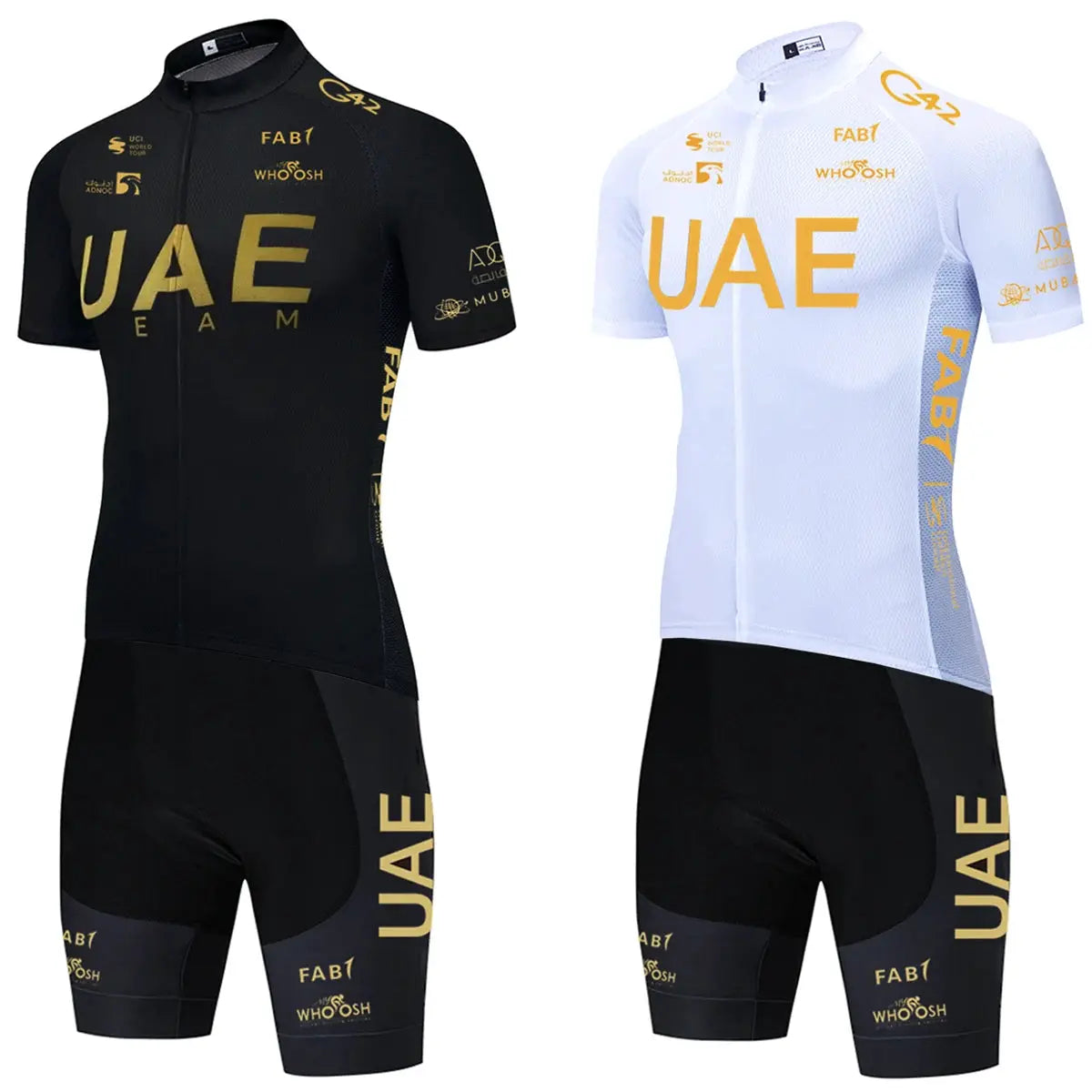 Men's UAE cycling jersey set, two colorways black and white with gold UAE lettering, by Simples Market