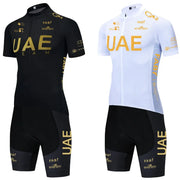 Men's UAE cycling jersey set, two colorways black and white with gold UAE lettering, by Simples Market