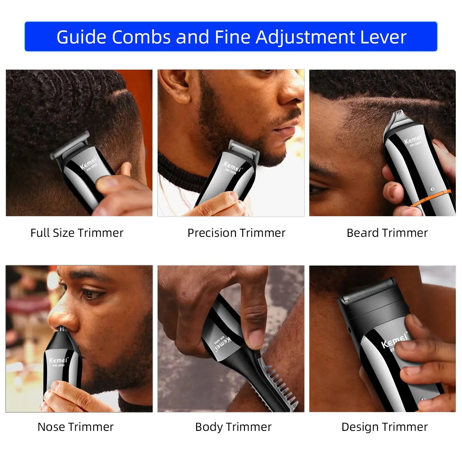 Kemei black-silver 11-in-1 waterproof grooming kit with full-size, precision, beard, nose, body, and design trimmers