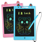 Simples Market LCD drawing tablets for kids, blue 12-inch and pink 8.5-inch sets with stylus; cat drawing on screens