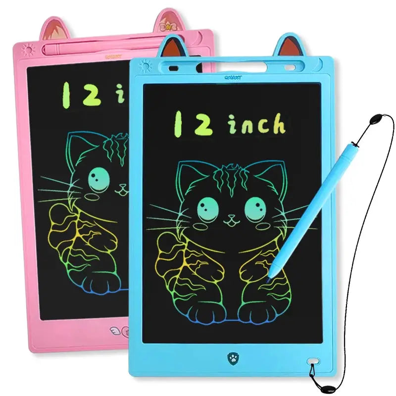 Simples Market LCD drawing tablets for kids, blue 12-inch and pink 8.5-inch sets with stylus; cat drawing on screens