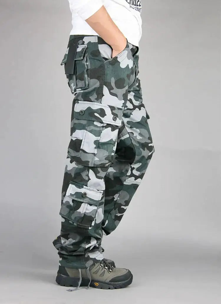 Men's tactical camouflage overalls by Simples Market with multi-pocket cargo pants in green camo cotton