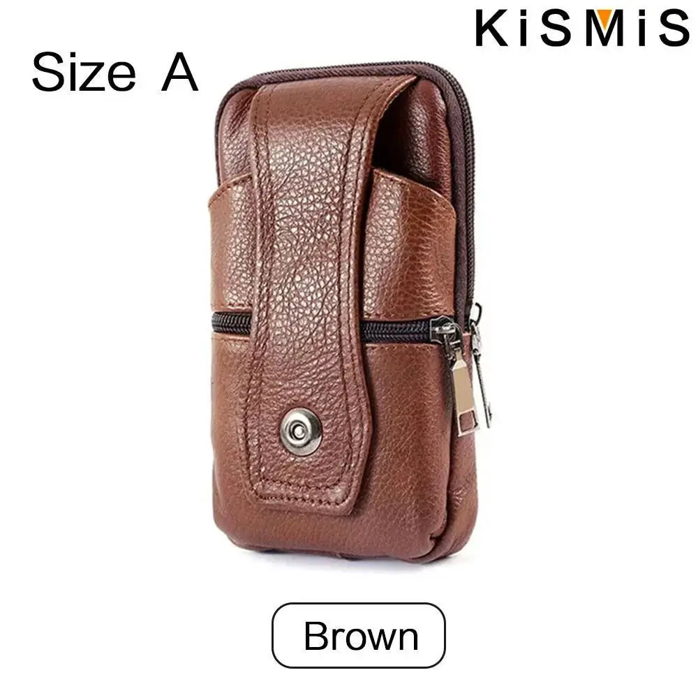 KISMIS brown leather men's waist bag with multiple pockets and shoulder strap