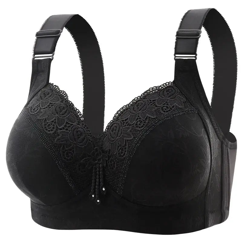 Black lace bra with floral lace cups and wide adjustable straps for a supportive fit