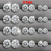Zircon stud earrings set, 12 pairs, six-claw design, clear white crystals.