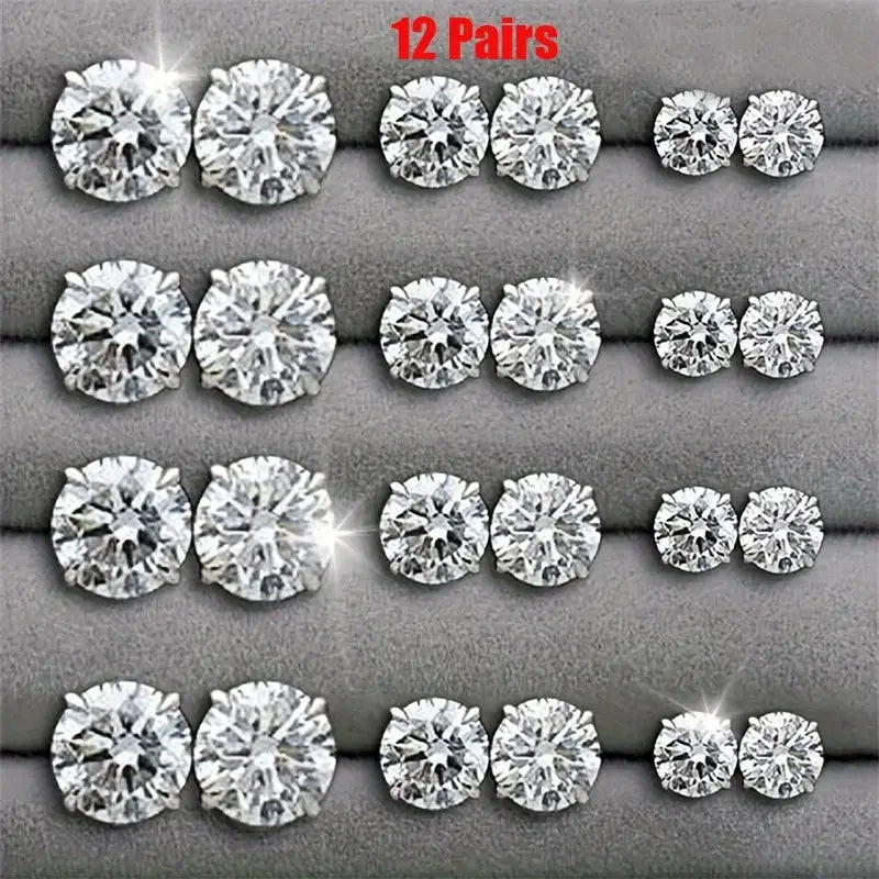 Zircon stud earrings set, 12 pairs, six-claw design, clear white crystals.