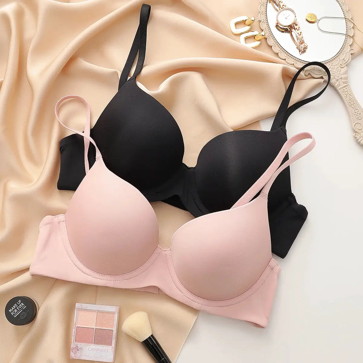 Plus-size seamless push-up bras in black and blush pink, cotton-blend set of 2